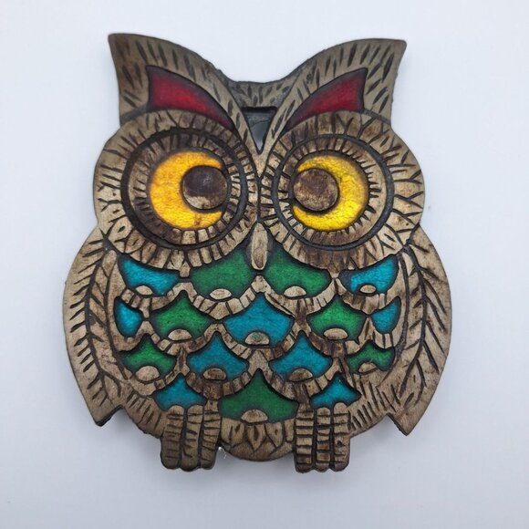 Owl Trivet Cast Iron Stained Glass Vintage Mid Century Modern MCM Granny Foil - Picture 1 of 7